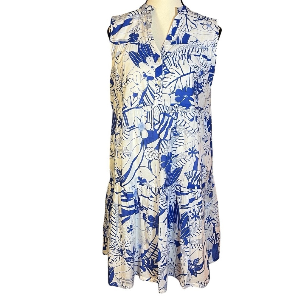 Vilagallo Sleeveless Tropical Mini Dress Size 42 US 10 Blue White Cotton Floral
